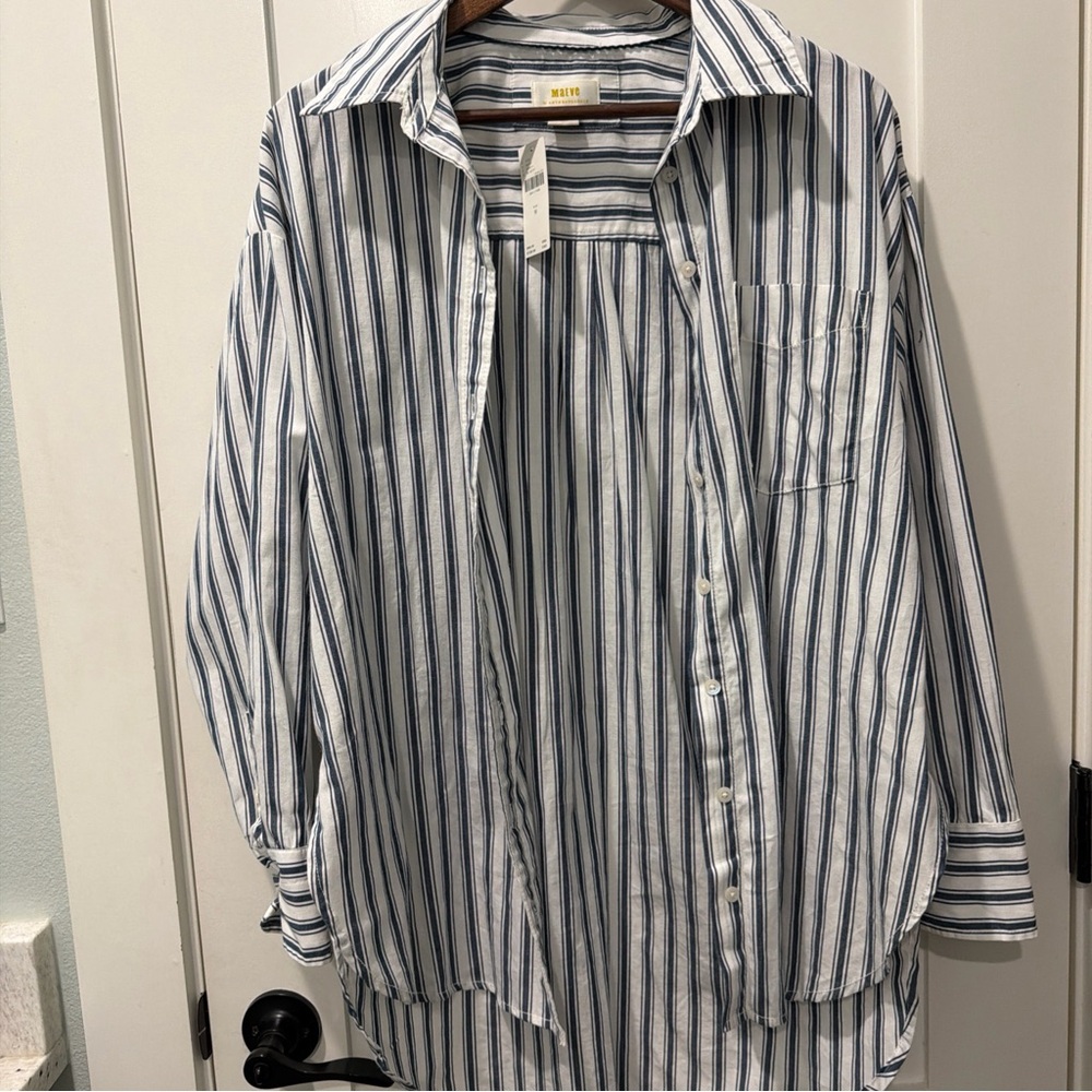 Maeve Anthropologie Blue and White Striped Button Shirt minimalist classic - Picture 2 of 11